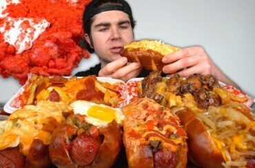 LOADED BACON WRAPPED HOT DOGS MUKBANG! PIZZA Fries, Lemon Pepper Fries, Funnel Cakes, Churros +
