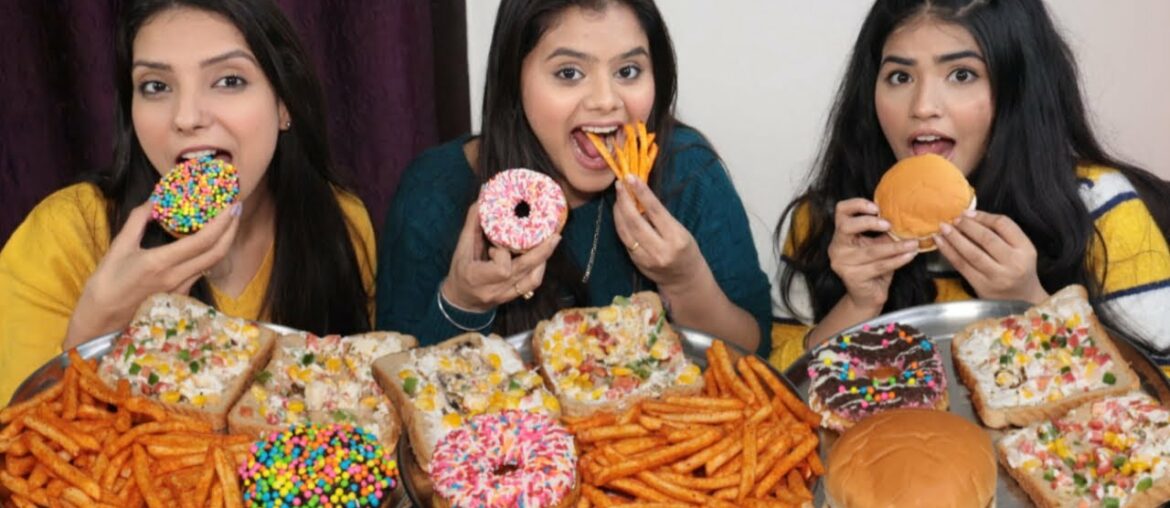 Spicy French Fries, Donuts, Burger and Paneer Sandwich Eating Challenge | Food Challenge