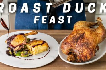 Roast Duck Feast (Potatoes Au Gratin and Brussel Sprouts with Caramelized Leeks)