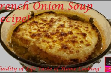 French Onion Soup Recipe with toasted cheese covered bread floating on top