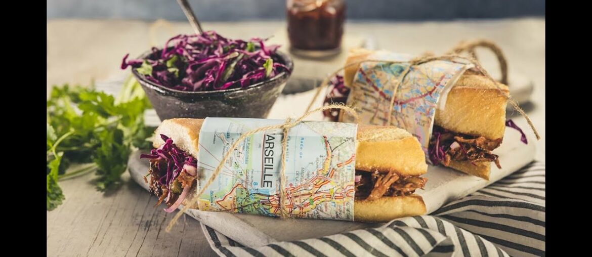 Pulled Pork Sandwich on French Baguette with Cornichon | Recipe | EN
