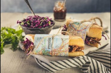 Pulled Pork Sandwich on French Baguette with Cornichon | Recipe | EN