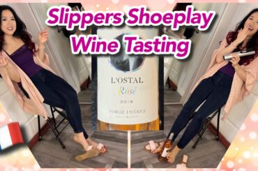 Loud Pink Slippers Shoeplay Wine Tasting, Summer Shoes Sandals Dangle, Legs Feet Model