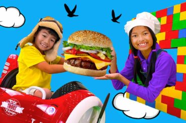 Eric and Wendy Pretend Play Hamburger Drive Thru Food Toys Restaurant in the Sky