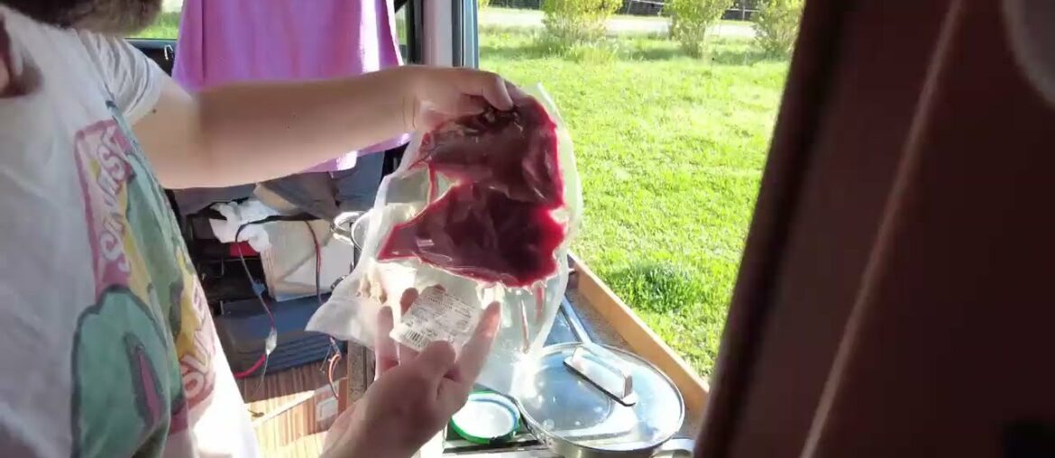 cooking ostrich meat and organic french wine - campervan vanlife near valence france