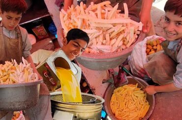 Hardworking Little Afghani Kids Selling French Fries | Street Food Potato Fried Chips Makers