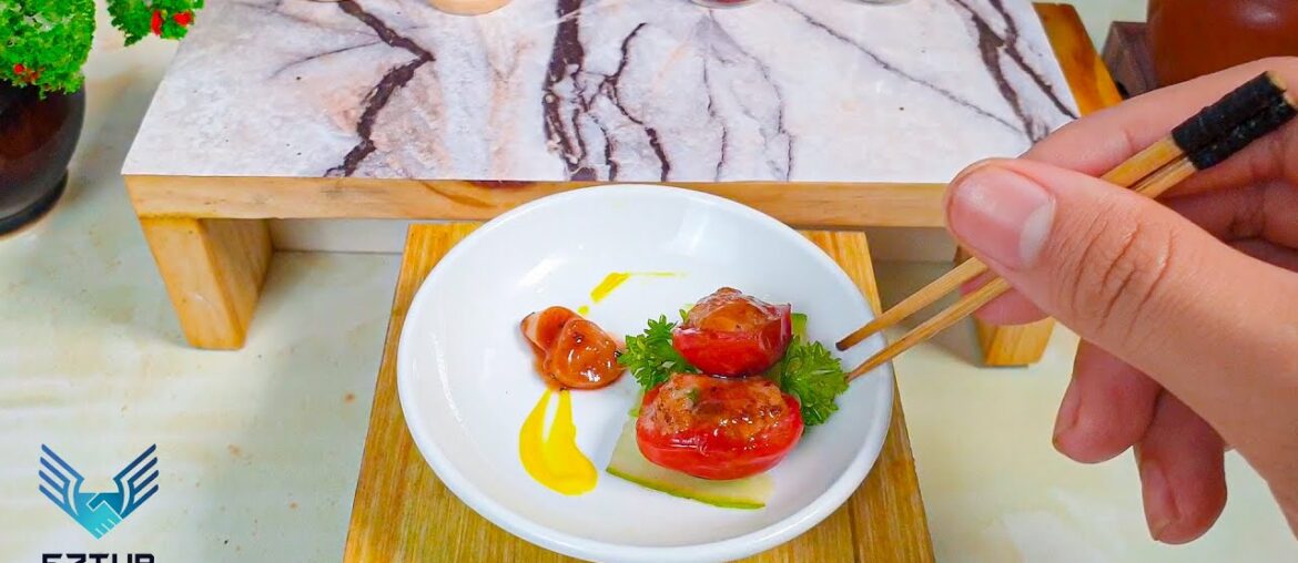 Homemade Miniature Tomato Stuffed with Minced Meat with Garlic Sauce Recipe / ASMR Miniature Food