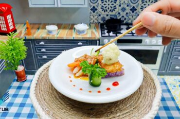 Easy Mini Fried Tofu and Boiled Cauliflower and Mushroom Sauce and Lotus Root Recipe / Mini Food