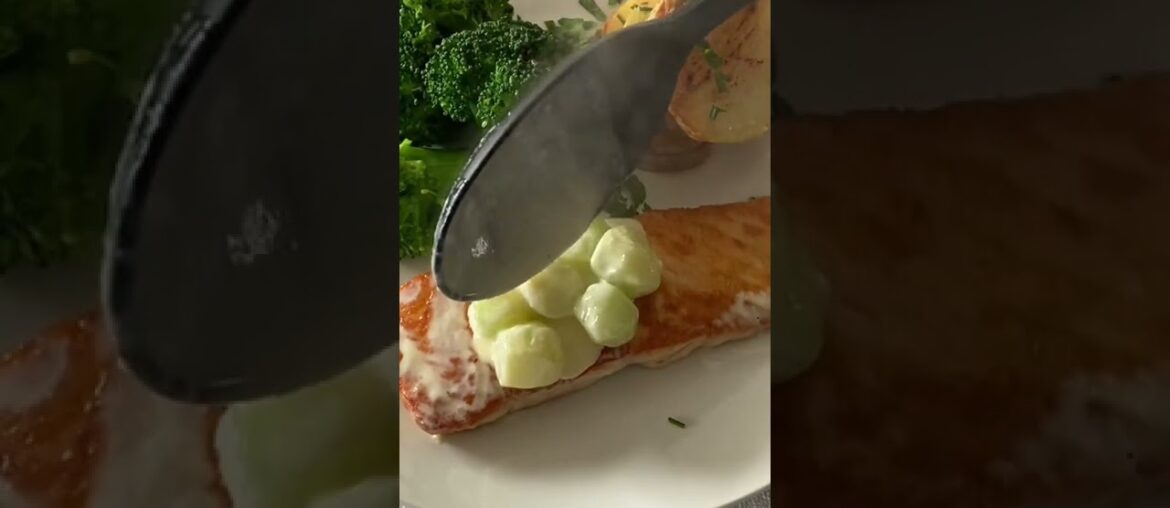 Pan Sauces that Pop! Plating salmon in a creamy white wine sauce with peeled grapes