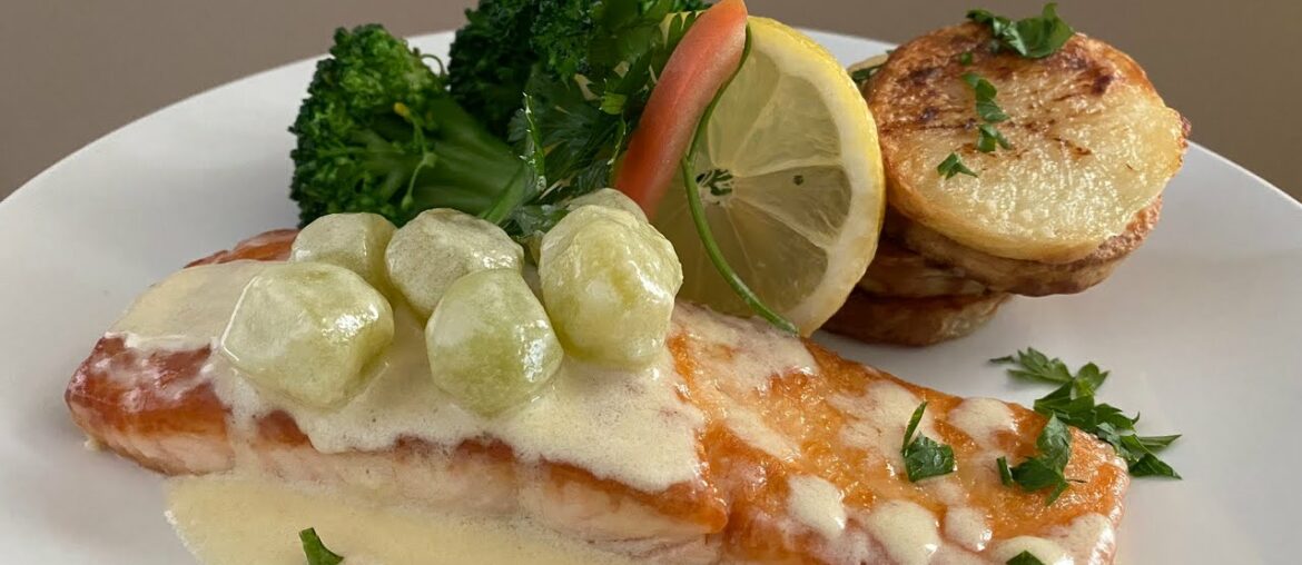 Pan Sauces that Pop! Salmon in a creamy white wine sauce with peeled grapes AKA Salmon Veronique