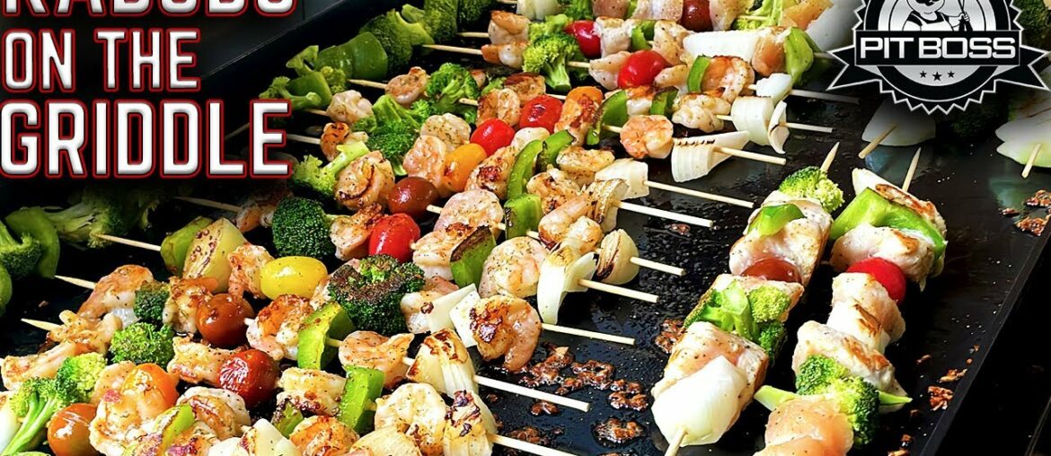 HOW TO COOK KABOBS ON FLAT TOP GRILL! CHICKEN AND SHRIMP SKEWERS ON PIT BOSS SIERRA GRIDDLE