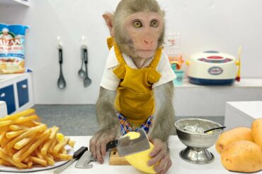 Baby Monkey Bim Bim cooking french fries and swims with the funny duckling in the water park