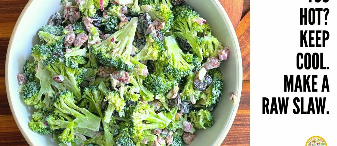 RAW BROCCOLI SALAD is the TOTALLY TASTY, SUPER COOL SOLUTION to a SCORCHING HOT DAY. RAW BROCCOLI SALAD is the TOTALLY TASTY, SUPER COOL SOLUTION to a SCORCHING HOT DAY.