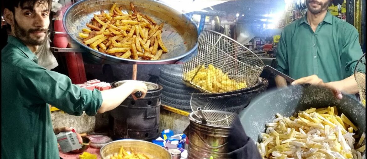 A Young Handsome Guy making Crispy French Fries like McDonald and KFC Fries at street food Pakistan