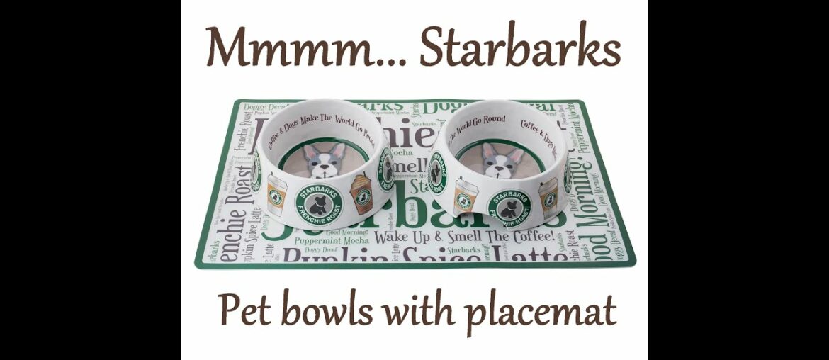 Starbarks Food and Water Bowls with Placemat for Dogs and Cats, French Roast, Latte, Coffee, Tea