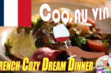 Brimming with flavor, coq au vin is a French stew of chicken braised in red wine with mushrooms.
