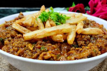 keema salli recipe // mutton keema with french fries // aloo keema recipe // mutton keema curry