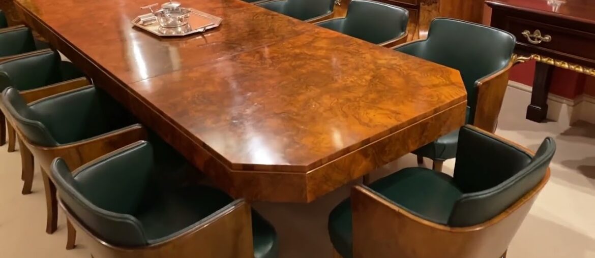 Antique Art Deco Burr Walnut Dining Table & Chairs by Hille Antique Art Deco Burr Walnut Dining Table & Chairs by Hille