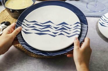 BZYOO BPA-Free Dishwasher Safe 100% Melamine Plate&Bowl Set 12 PCS Dinnerware set French navy zigzag