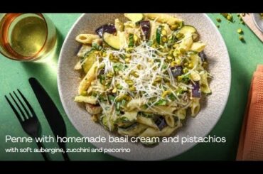 Penne with homemade basic cream and pistachios with soft aubergine, zucchini and pecorino