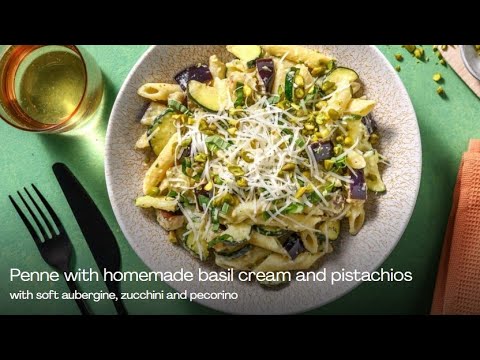 Penne with homemade basic cream and pistachios with soft aubergine, zucchini and pecorino Penne with homemade basic cream and pistachios with soft aubergine, zucchini and pecorino