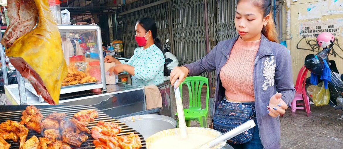 Popular Street Food - Cooking BBQ Steak, French Fries, Cambodia Sandwiches, Huge Thigh of Beef
