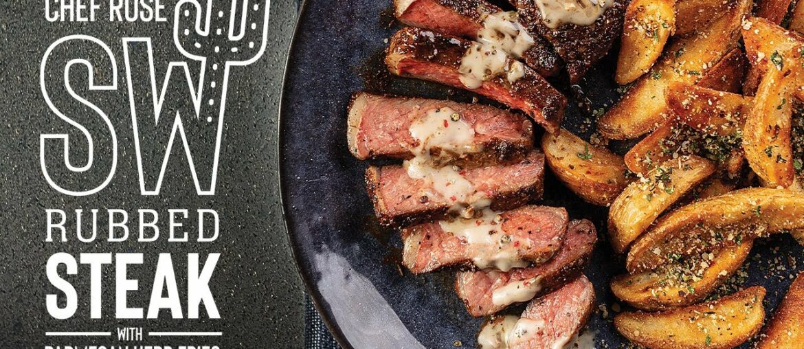 Southwest Rubbed NY Strip Steak With Creamy Peppercorn Sauce and Parmesan-Herb Steakhouse Fries
