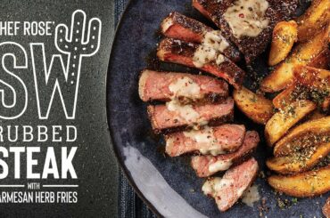 Southwest Rubbed NY Strip Steak With Creamy Peppercorn Sauce and Parmesan-Herb Steakhouse Fries