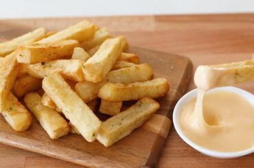 How easy french fries made from 2 potatoes! Free garlic cheese sauce recipe inside