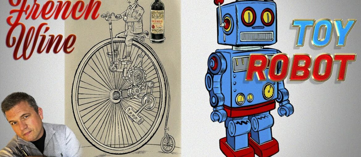 Parisian bicycle with Petrus wine - Classic Toy Robot from the 1950s