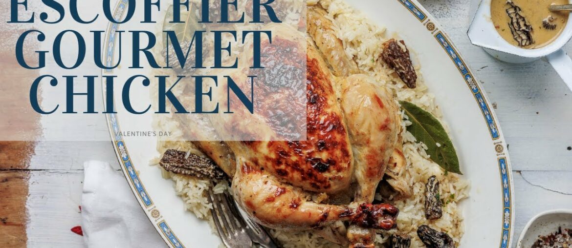 pot-roasted chicken with pilaf, champagne & morel sauce