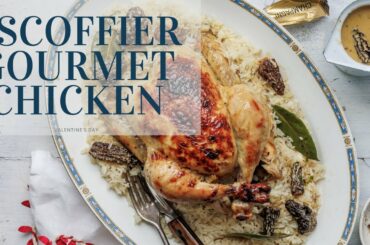 pot-roasted chicken with pilaf, champagne & morel sauce