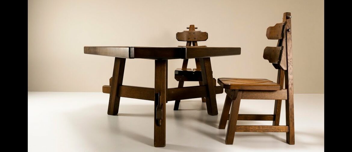Architectural Dining Room Set in Dark Stained Ash Wood, France 1960s