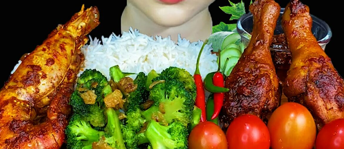 MUKBANG EATING||Spicy Prawn Curry & Chicken legs Curry & Fried Broccoli With Garlic MUKBANG EATING||Spicy Prawn Curry & Chicken legs Curry & Fried Broccoli With Garlic