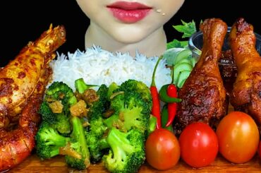 MUKBANG EATING||Spicy Prawn Curry & Chicken legs Curry & Fried Broccoli With Garlic