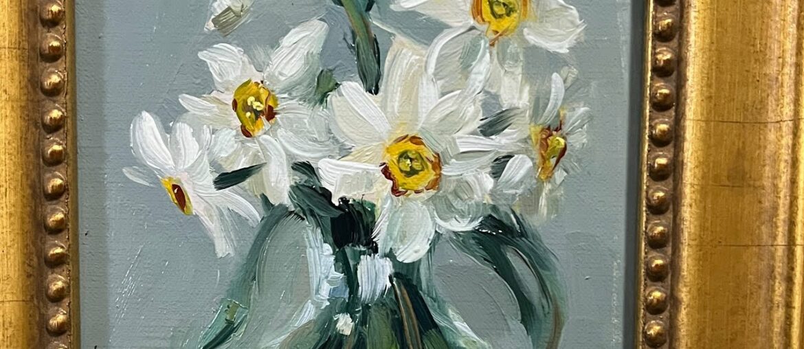 Floral still life oil painting of pheasant’s eye daffodils flowers from last Spring’s garden