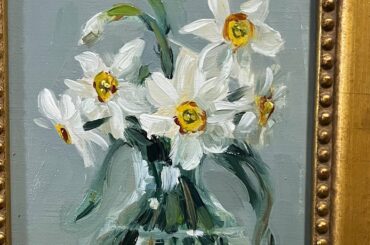 Floral still life oil painting of pheasant’s eye daffodils flowers from last Spring’s garden