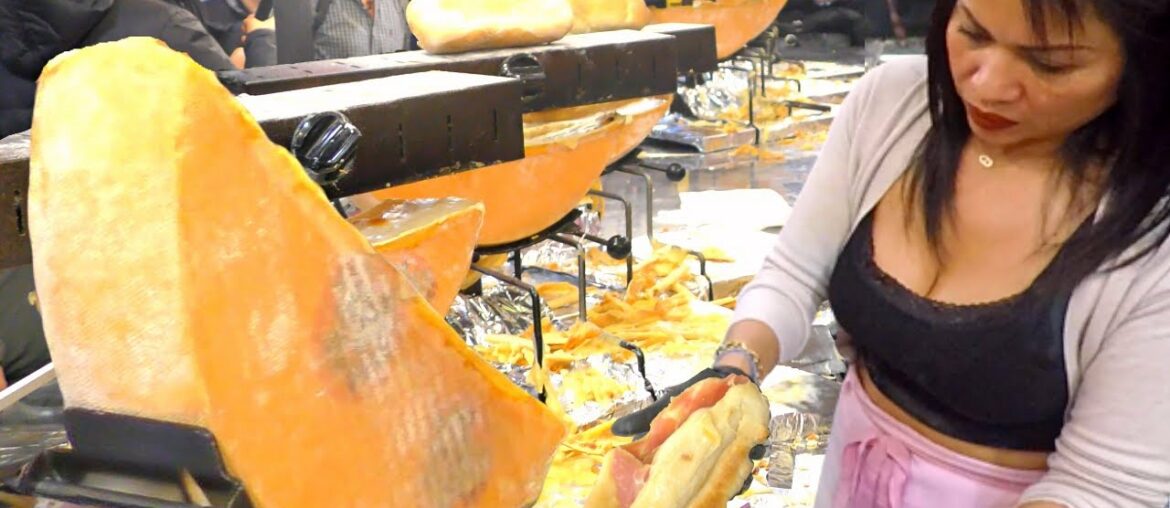 France Street Food. Waterfall of Raclette Melted Cheese & Ham for Sandiwches. Street Food in Italy