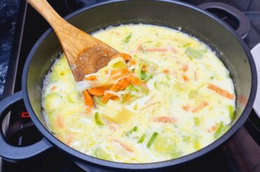Leek, carrot, potato and milk soup! Traditional french creamy soup recipe