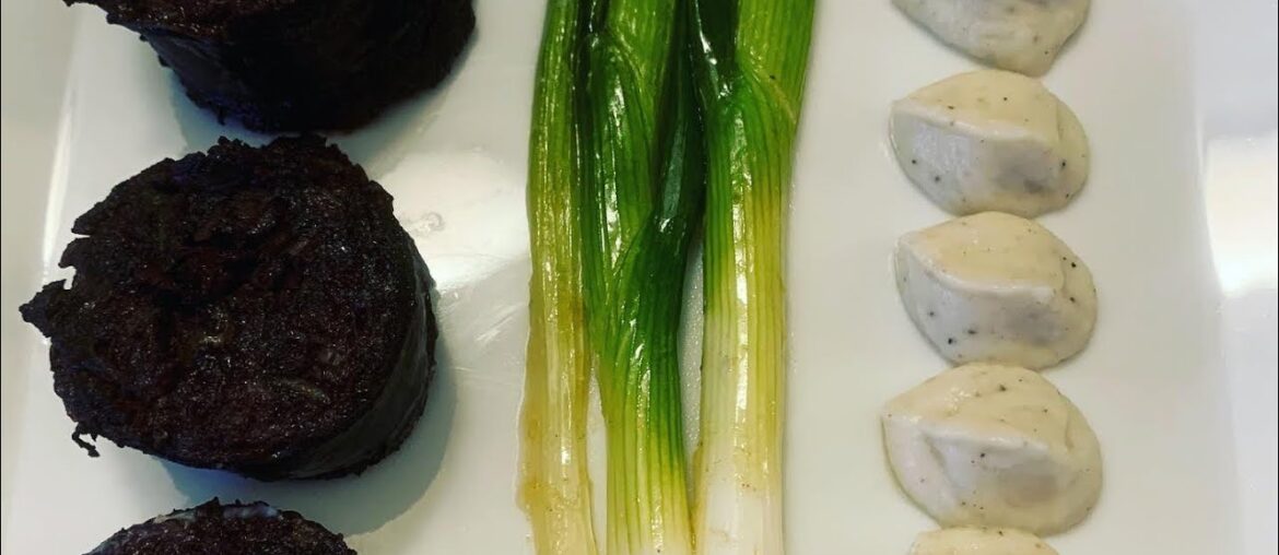 French recipe, black pudding and truffled cauliflower puree