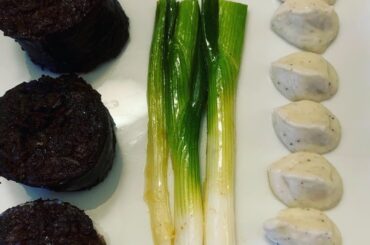 French recipe, black pudding and truffled cauliflower puree