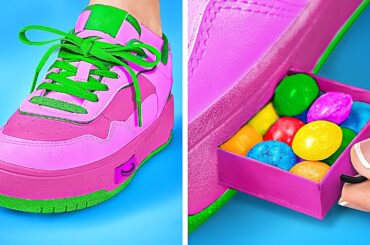 HIDE CANDIES IN SHOE || Sneak Food & Makeup Into Class! Parenting Edible DIY Hacks by 123 GO!