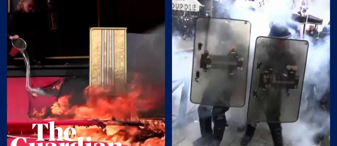 Protesters set fire to restaurant favoured by Macron and clash with police in Paris Protesters set fire to restaurant favoured by Macron and clash with police in Paris