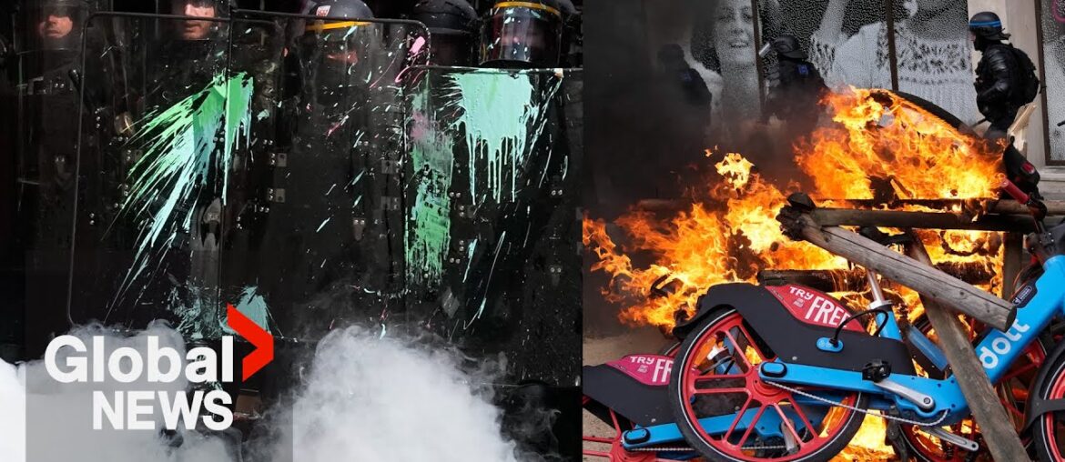 Police in Paris pelted with paint as pension reform protests flare