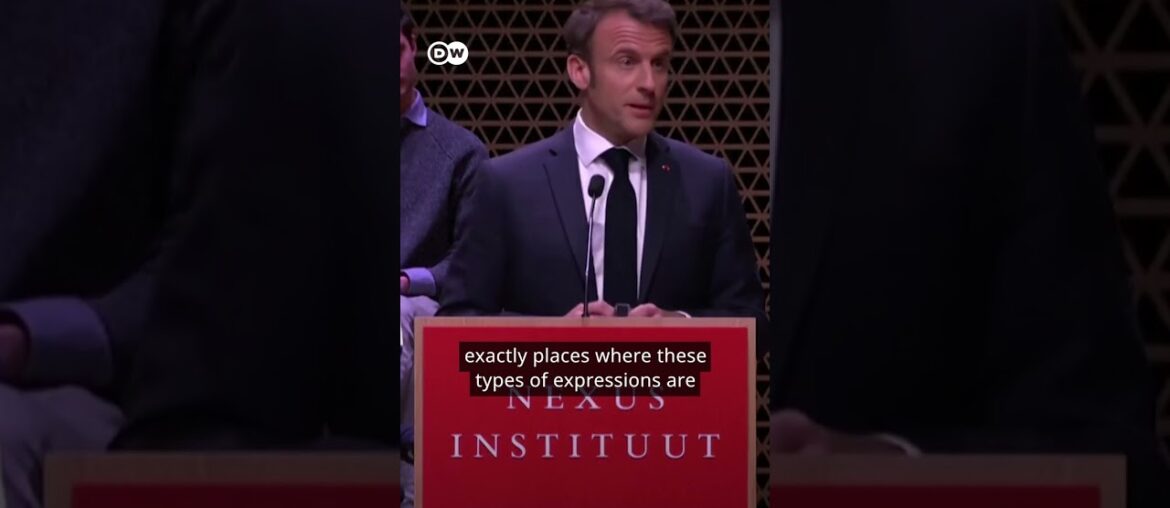 France's Macron interrupted by pension reform protesters while speaking at The Hague | DW #Shorts