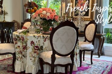 French-Inspired Table Setting from Aubusson Rug to Antique Dining Set to Tablescape