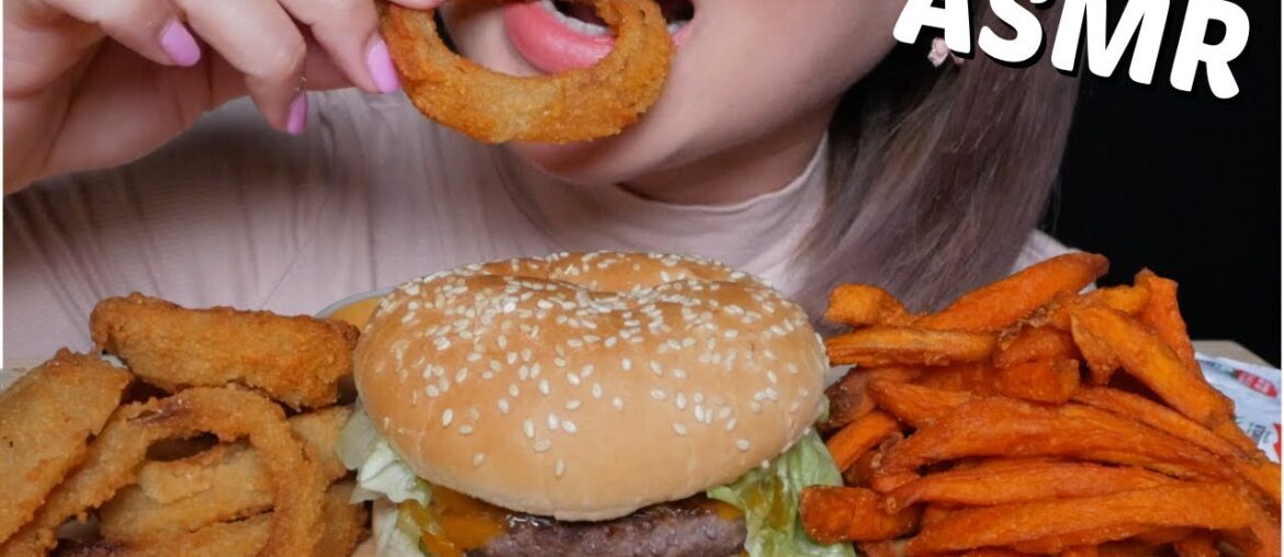 A&W Teen Burger Meal with Onion Rings and Sweet Potatoes Fries *ASMR NO TALKING Eating Sounds | N.E