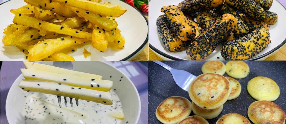 4 Potato recipes, Potato sesame, Potato french fries, Potato circle, potato chips, french fries