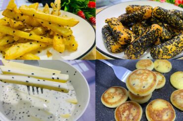 4 Potato recipes, Potato sesame, Potato french fries, Potato circle, potato chips, french fries