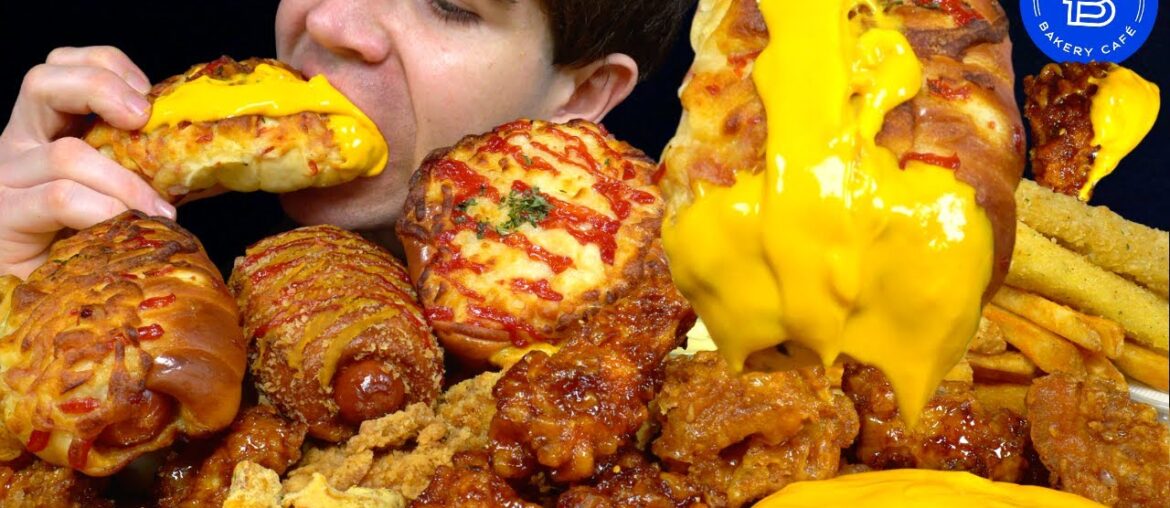 ASMR MUKBANG EXTRA CRISPY FRIED CHICKEN GOURMET HOT DOGS BAKERY BREAD & FRIES | WITH CHEESE